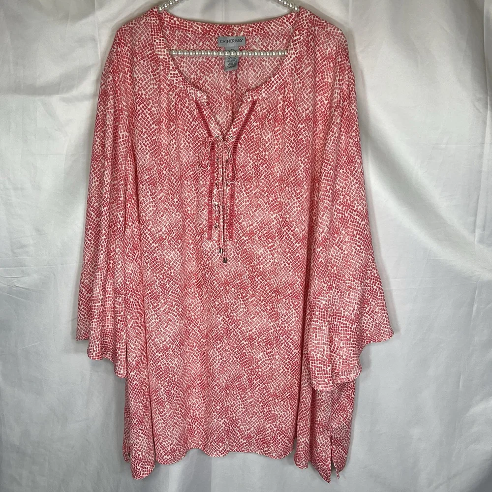 Catherines Women’s 4X Pink Geometric Beach Summer Preppy Boho Mature Blouse - Picture 1 of 10